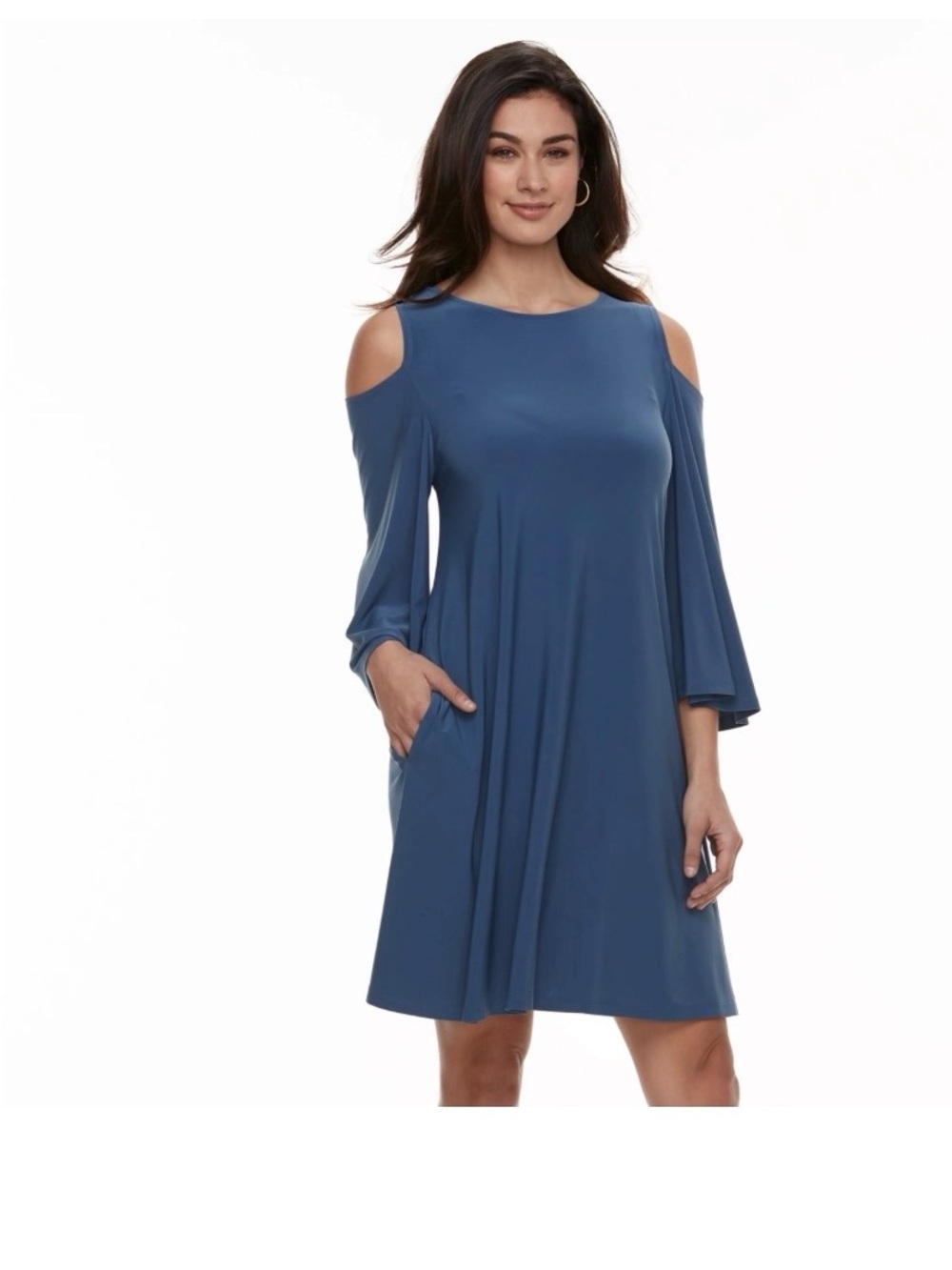 Nina Leonard Cold Shoulder Slate Blue Scoop Neck Dress